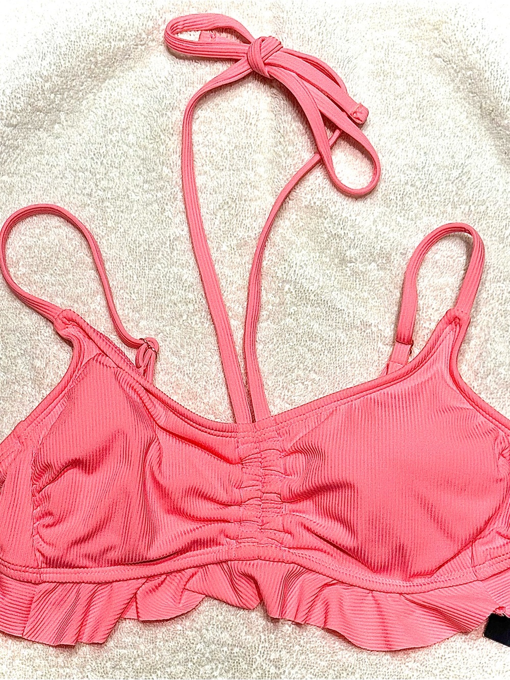 No Boundaries Hot Peach Ribbed Ruffle Bikini Top